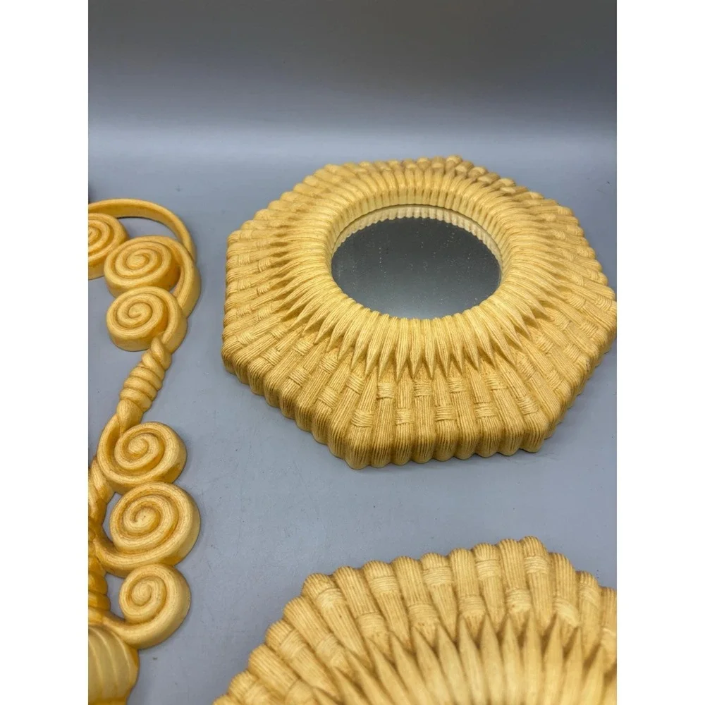 Vtg Wicker Style Wall Decor Set Wall Pocket Octagon Mirrors Boho Rattan